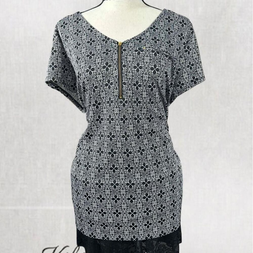 Office Siren Black and White Abstract Top with Zip Front Closure